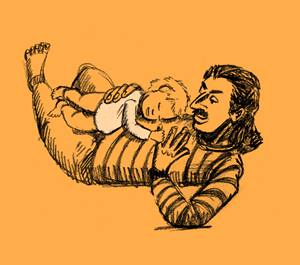 Illustration of man cuddling sleeping toddler on chest